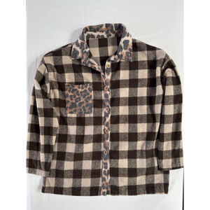 Plaid Flannel Shirt Leopard Trim Pocket Button Front Women’s Cozy Winter Top L
